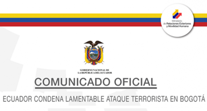 Ecuador condena el atentado en Bogotá