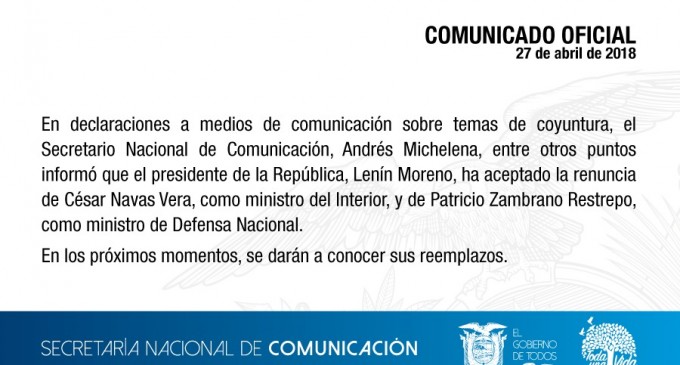 César Navas y Patricio Zambrano dejan sus cargos en los ministerios del Interior y Defensa