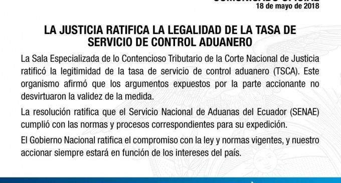 Corte Nacional de Justicia ratificó la legalidad de la Tasa de Servicio de Control Aduanero