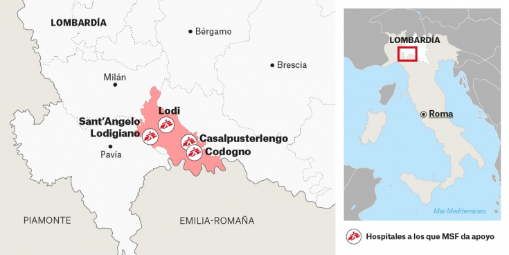 Coronavirus COVID-19 - mapa intervención de MSF en cuatro localidades de Italia