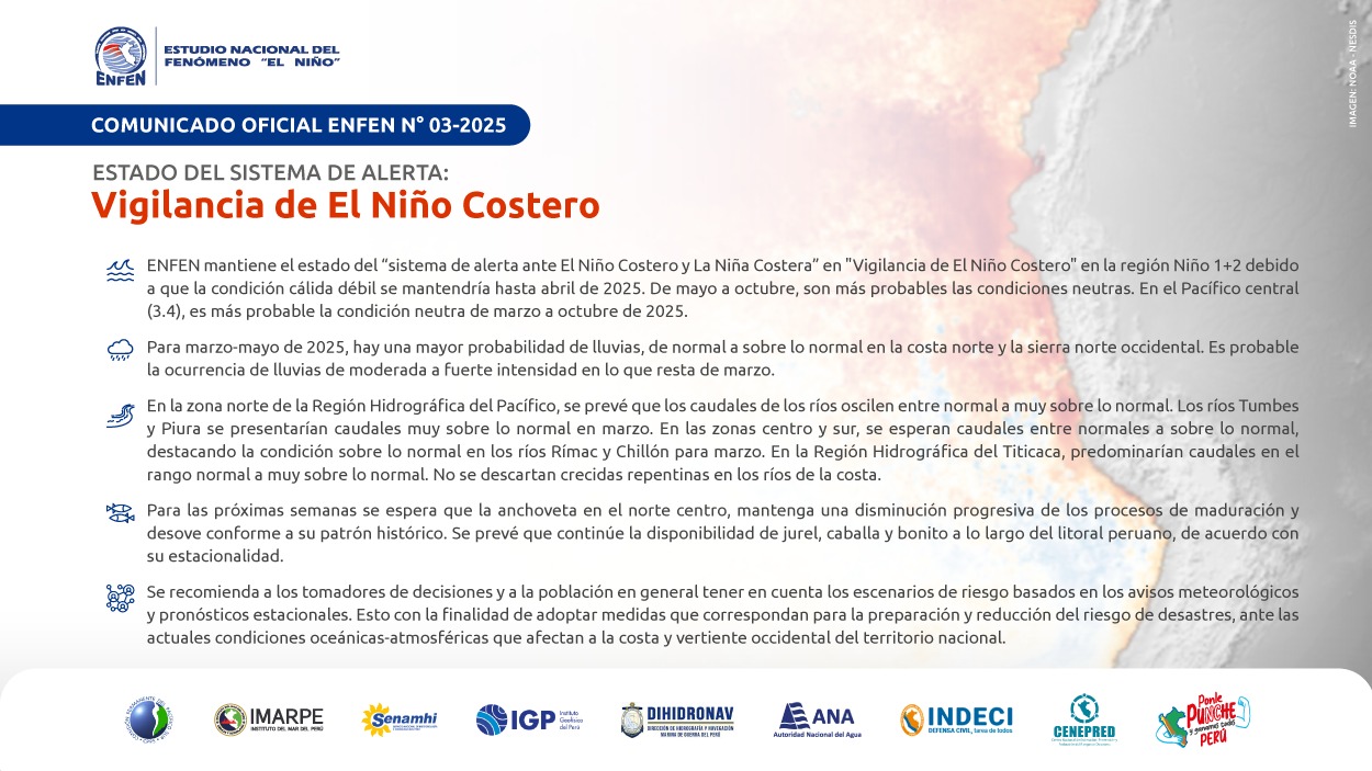 Comunicado Oficial ENFEN N°03-2025 - Estado del sistema de alerta: Vigilancia de El Niño Costero