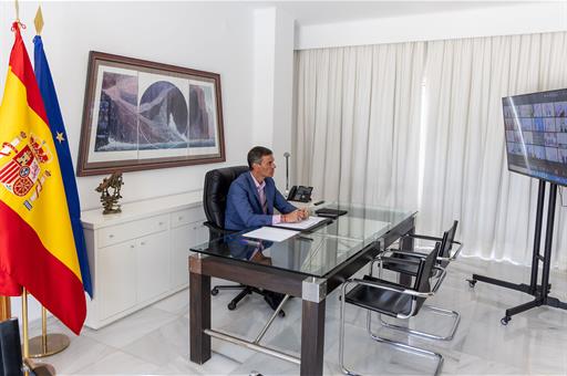 El Presidente del Gobierno, Pedro Sánchez, Durante la Reunión por Videoconferencia Que Han Mantenido