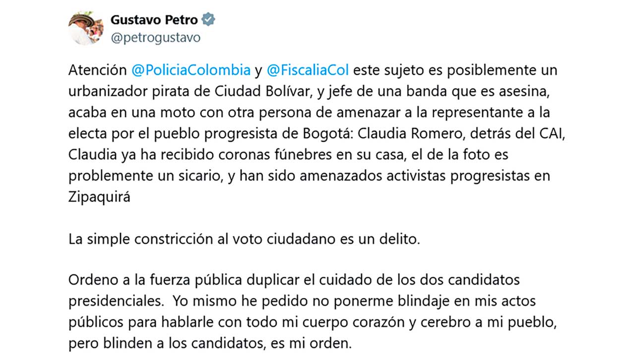 Petro ordena a la Fuerza Pública reforzar la seguridad de los dos candidatos presidenciales que van a segunda vuelta